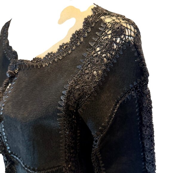 Boho Black Suede & Crochet Trim Jacket - Picture 2 of 9